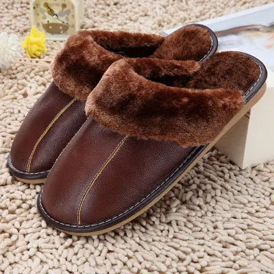 Slippers Winter New Cowhide Cotton Slippers Household Slippers Men And Women Lovers Plush Warm Floor Mop Wholesale