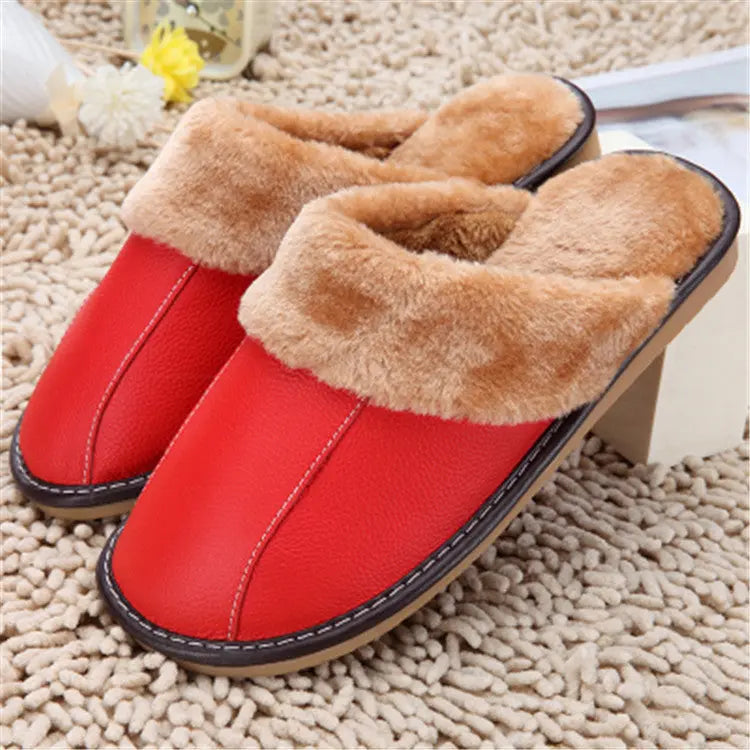 Slippers Winter New Cowhide Cotton Slippers Household Slippers Men And Women Lovers Plush Warm Floor Mop Wholesale - family place