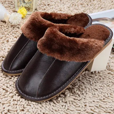Slippers Winter New Cowhide Cotton Slippers Household Slippers Men And Women Lovers Plush Warm Floor Mop Wholesale - family place