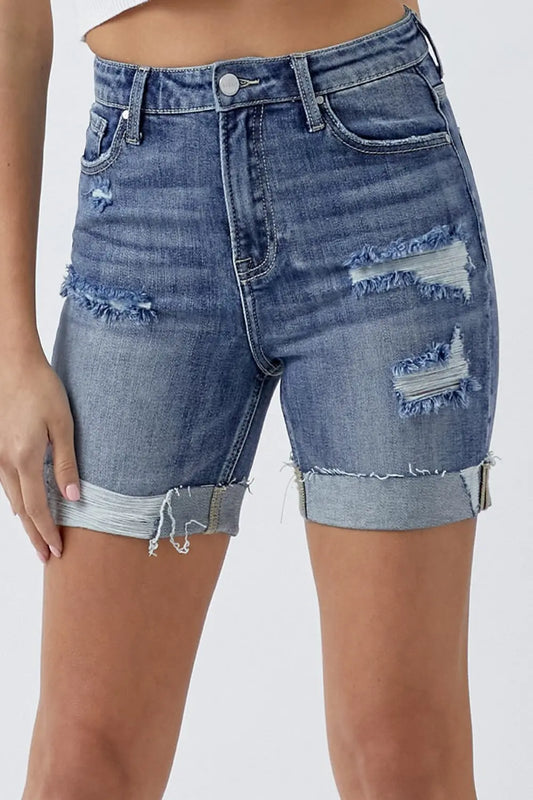 RISEN Full Size Distressed Rolled Denim Shorts with Pockets - family place