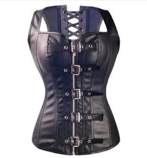Black Steampunk Faux Leather Overbust Corset - family place