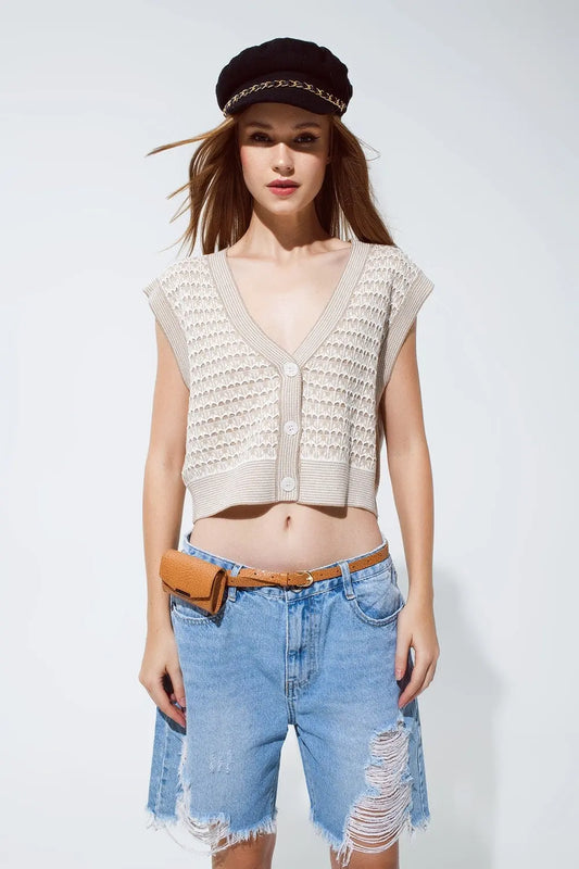 Knitted Cropped Vest With Rib Trim in Beige - family place