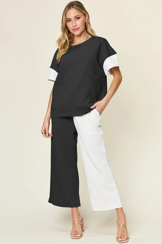 Double Take Full Size Texture Contrast T-Shirt and Wide Leg Pants Set - family place
