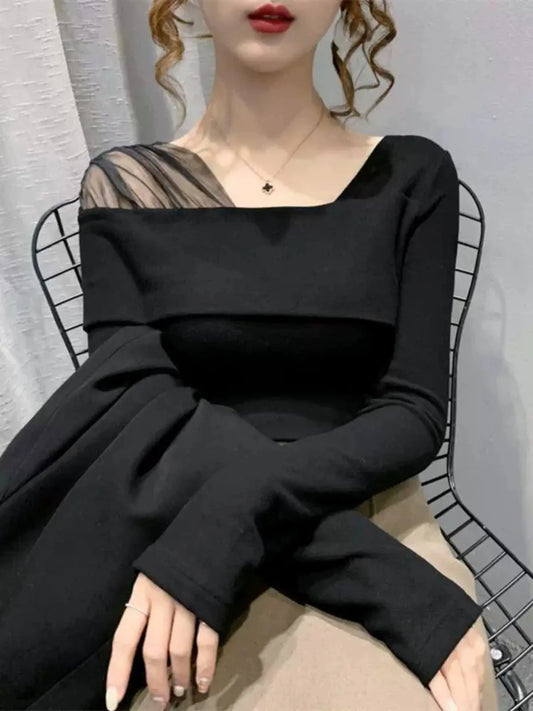 150.00kg Plus Size Ladies Sexy Mesh Square Collar Top Plus Size Slim off-the-Shoulder Stylish Inner Wear Long Sleeve T-shirt Bottoming Shirt - family place
