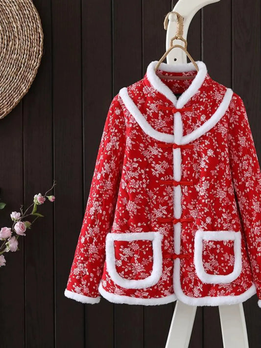 150.00kg plus Size Ethnic Chinese Style Northeast Big Flower Cotton-Padded Jacket Autumn and Winter Clothing New Loose Floral Cotton-Padded Jacket - family place