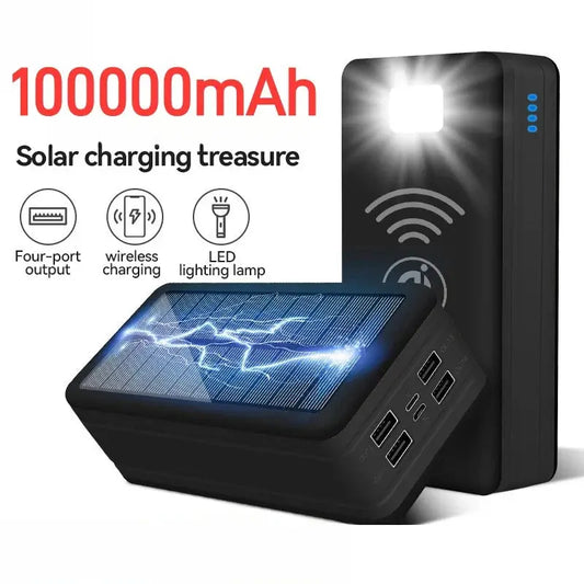 100000mAh Solar Power Bank Mobile Phone Wireless Charging Large Capacity External Battery Fast Charging For Travel And Camping - family place