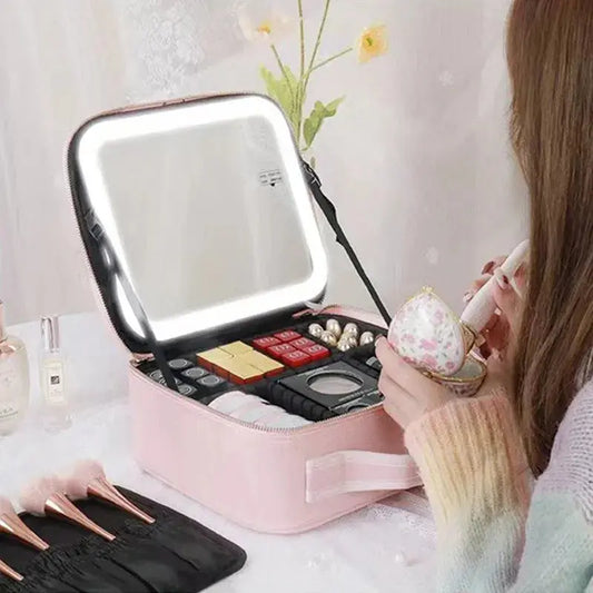 New LED Lighted Cosmetic Case with Mirror Waterproof PU Leather Portable Travel Makeup Storage Bags - family place