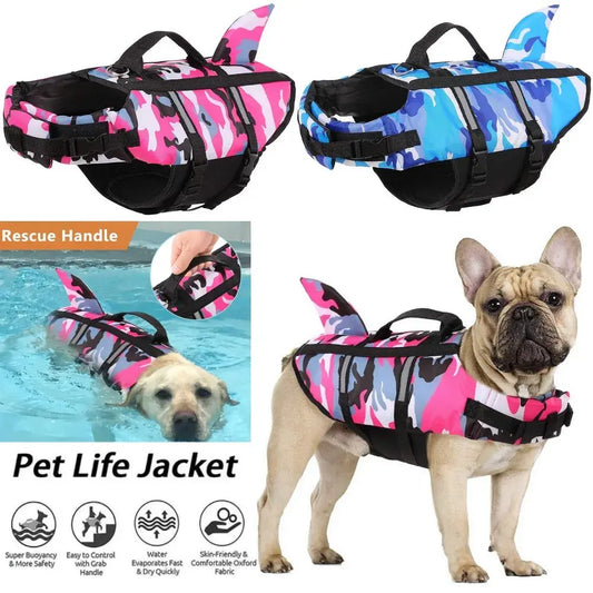 Pet Dog Life Jacket Vest Clothes Life Vest Collar Harness Pet Dog Swimming Summer Swimwear Clothes Camouflage Shark Blue Fuchsia - family place