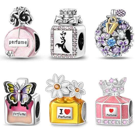 New 925 Silver Color Butterfly Crown Pink Perfume Bottle Charms Beads Fit Pandora 925 Original Bracelets Fine DIY Jewelry Gifts - family place