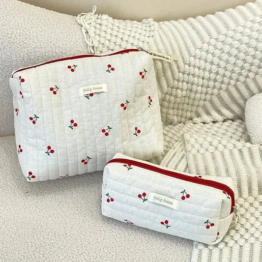 Quilted Cotton Ladies Travel Storage Bag Retro Cherry Women's Cosmetic Bags Cute Design Girls Pencil Case Makeup Bag Handbags - family place