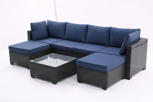 7 Pieces Outdoor Patio Furniture Set,Sectional Conversation Sofa Consisted Of Corner Chairs,Ottomans And Glass Top Table,All Weather PE Rattan and Steel Frame With Removable Cushions(Coffee+Blue) - family place