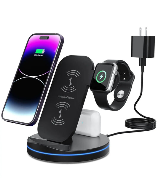 Charging Station for Multiple Devices,3 in 1 Fast Wireless Charging Stand Dock for iPhone 14/13/12/11/Pro/Max/XS/XR/X/8/Plus, for iWatch 7/6/5/4/3/2/SE, for AirPods 3/2/Pro-Black - family place