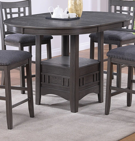 Dining Table Round Counter height Dining Table w Shelve 1pc Table Only Built In Leaf Solid wood Gray Finish - family place