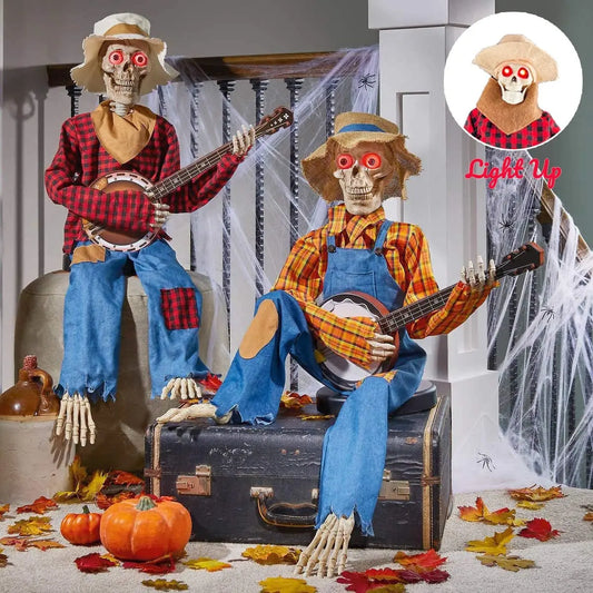 Halloween Luminous Skull Skeleton Decoration Guitarist Skeletons With Light Up Eye Horror Glowing Skeleton For Halloween Party Decor - family place